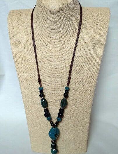 Collar étnico mujer combinado de cuentas de ceramica  color azul Nuevo