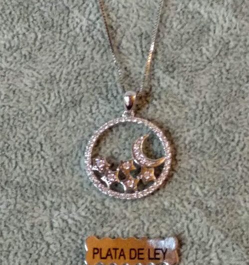 Collar con colgante redondo luna y estrellas Plata de Ley Rodiada  Nuevos (106)