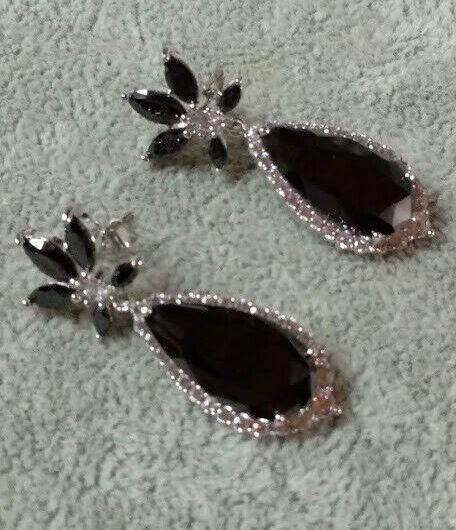 Pendientes bisuteria rodiada largos piedra ahumada  Presión Nuevos (106)