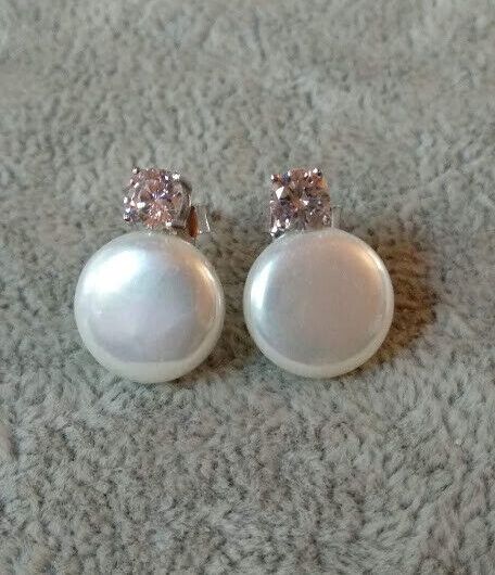 Pendientes Plata de Ley 3  con circonita y perla presión Nuevos (106)