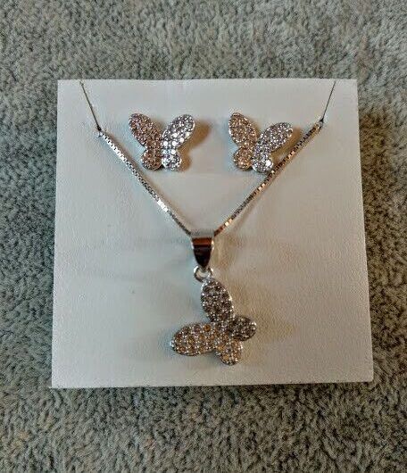 Pendientes y gargantilla  Plata de Ley Rodiada mariposas presión Nuevos (106)
