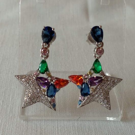 Pendientes Plata de Ley rodiada largos estrella  piedras Presión Nuevos