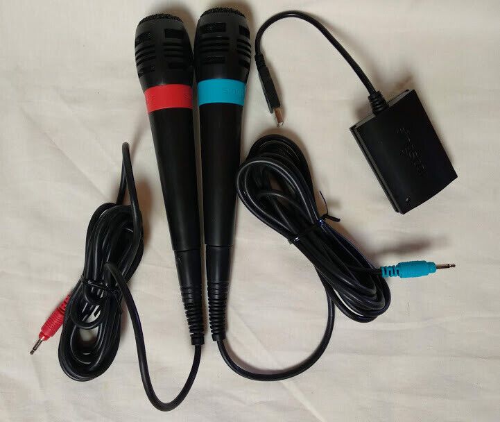 Microfonos Y Adaptador SingStar PS2 Originales Sony Pack 2 rojo y azul Nuevo