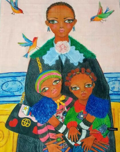 Pasmina Cashmere estampado madre con 2 niños  Nuevo con etiquetas (105)